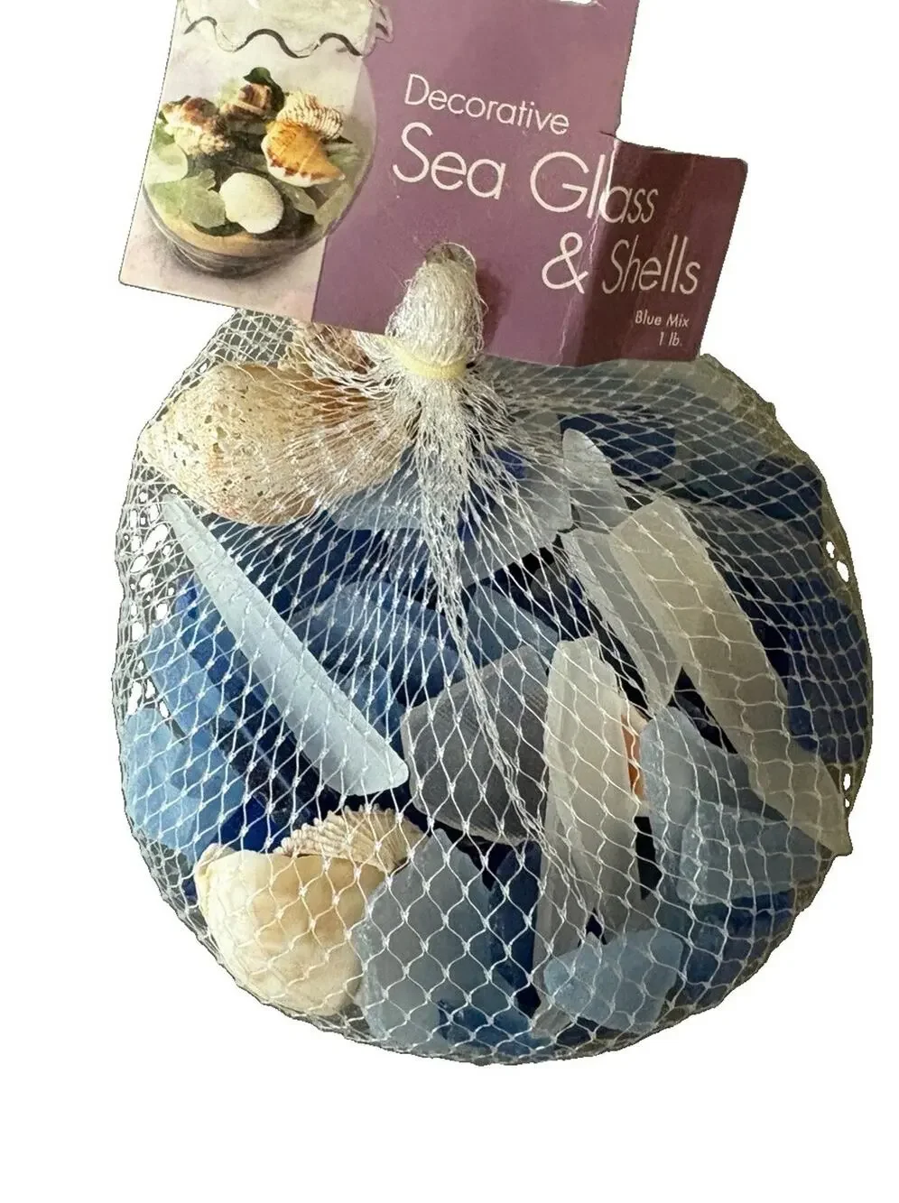 Decorative Blue Sea Glass & Shells Mix 1 lb Bag Beach Vase Filler Crafts